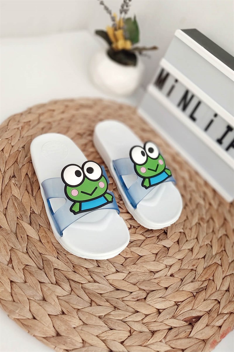 Kurbağa Baskılı Çocuk Sandalet Beyaz Yeşil
