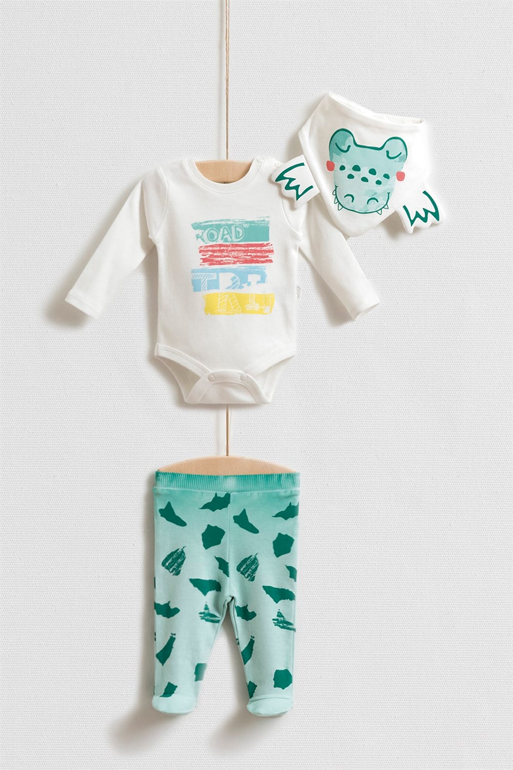 Kurbağa ve Orman Baskılı Bebek 3'lü Body Set