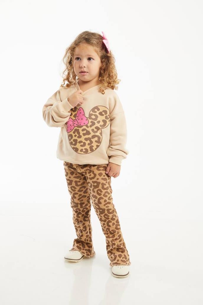 Leopar Desenli Çocuk Taytlı Takım Bej