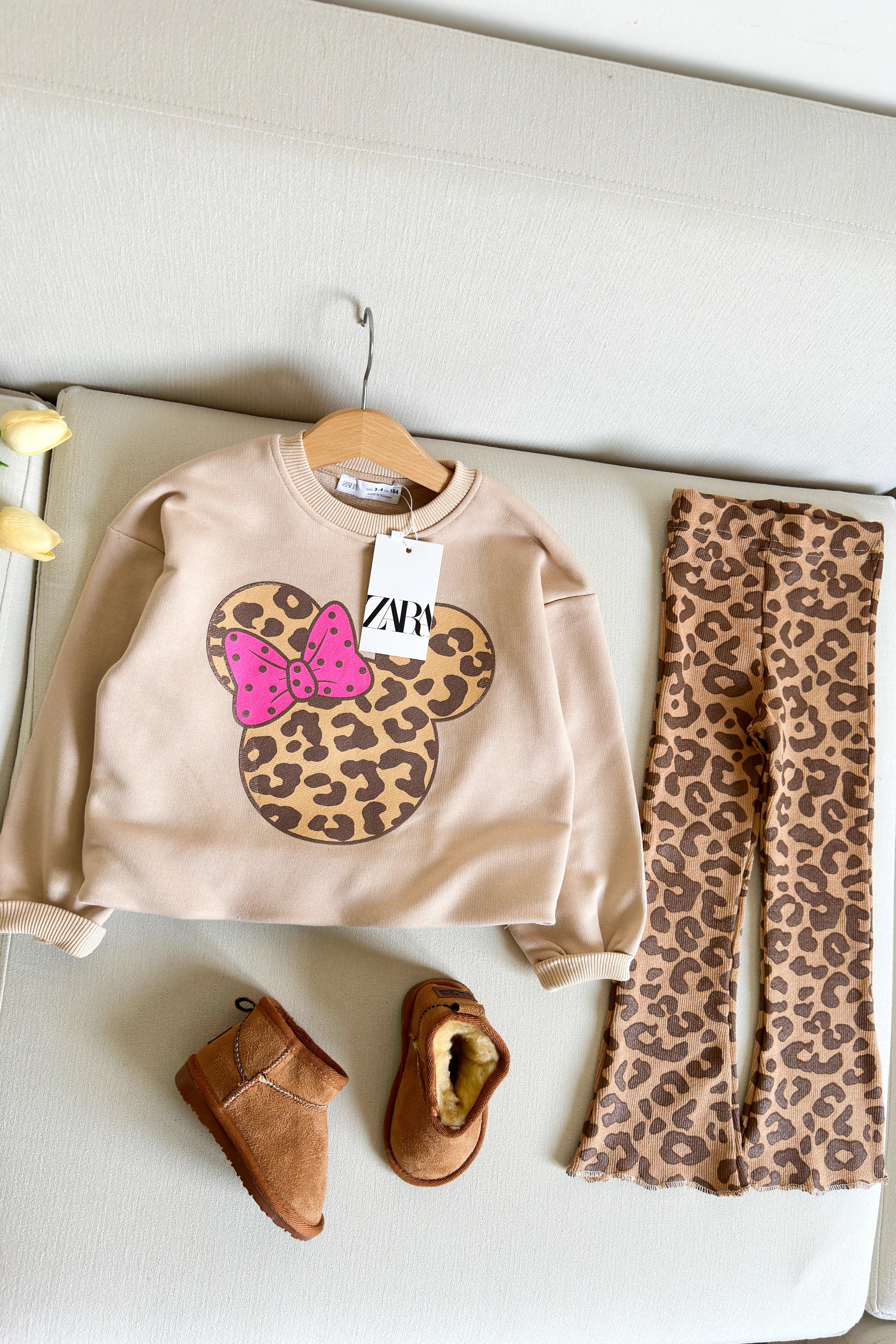 Leopar Desenli Çocuk Taytlı Takım Bej