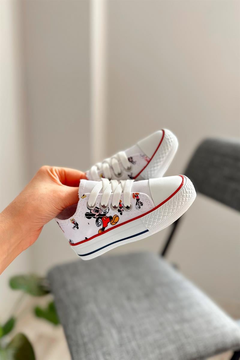 Mickey Mouse Baskılı Bağcıklı Çocuk Spor Ayakkabı Beyaz