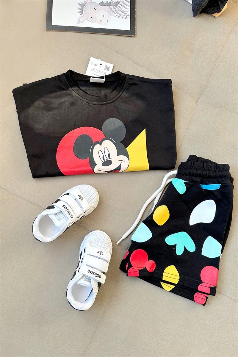 Mickey Mouse Baskılı Çocuk Şortlu Takım Siyah