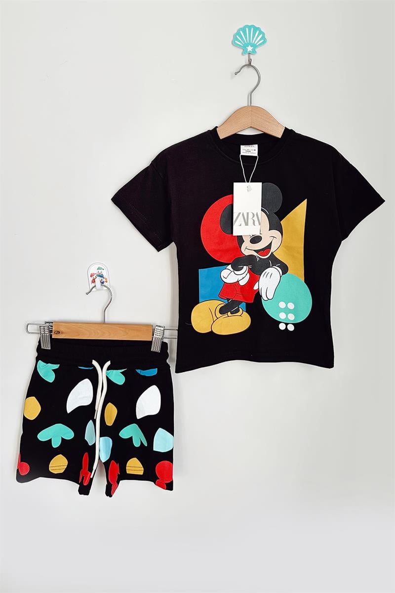 Mickey Mouse Baskılı Çocuk Şortlu Takım Siyah