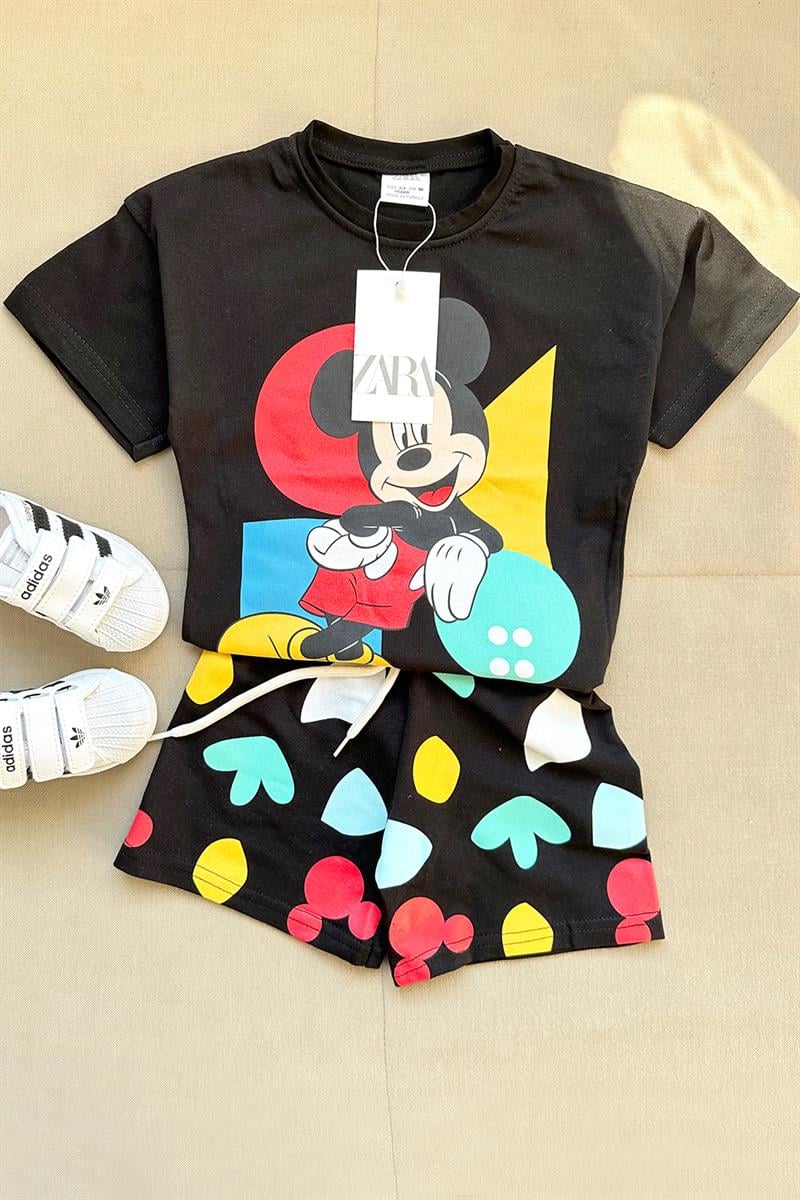 Mickey Mouse Baskılı Çocuk Şortlu Takım Siyah