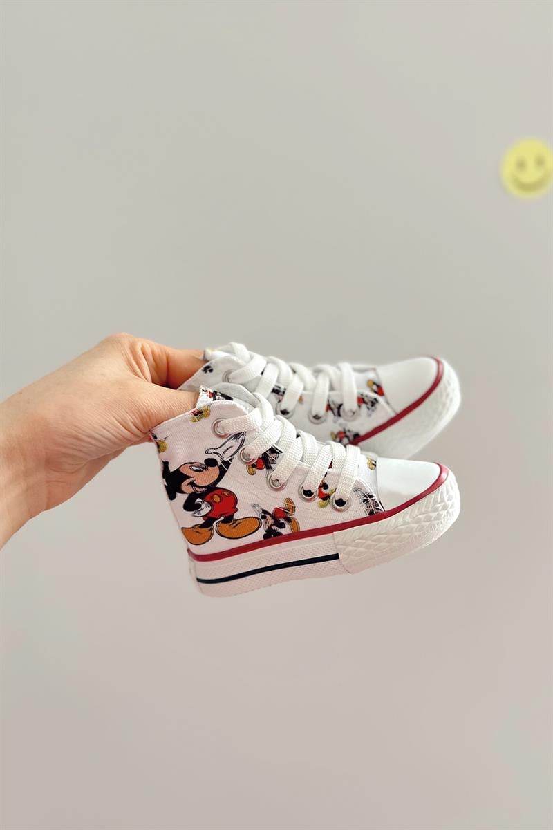 Mickey Mouse Baskılı Çocuk Uzun Ayakkabı Beyaz