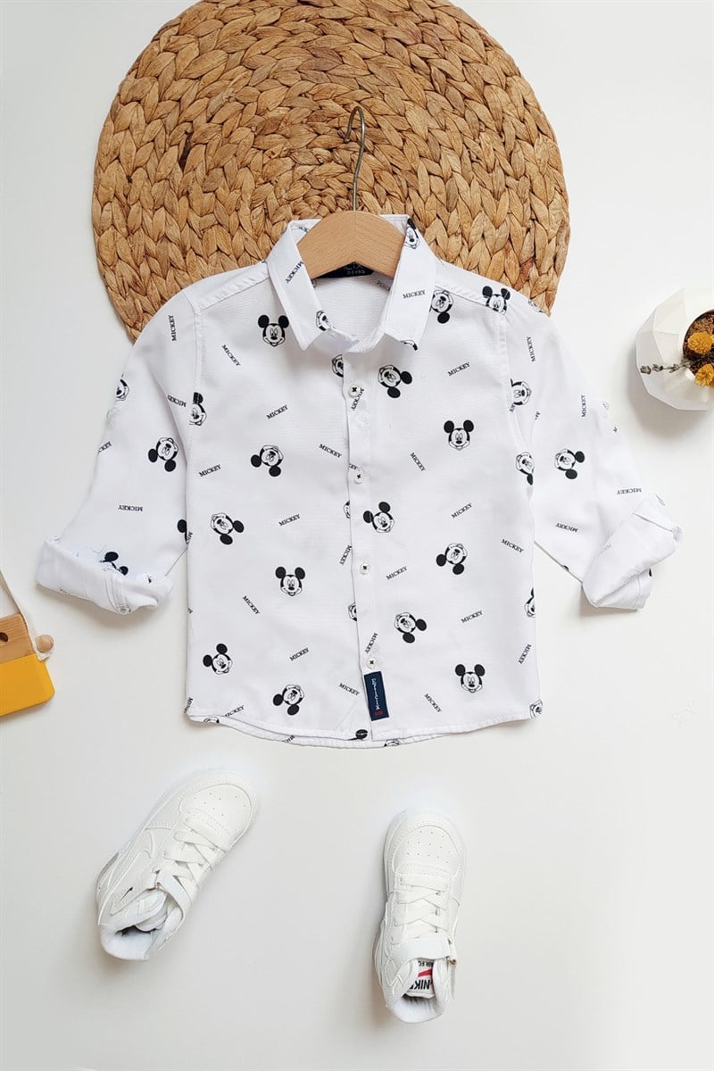 Mickey Mouse Baskılı Erkek Çocuk Gömlek Beyaz