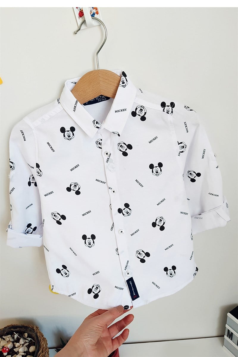 Mickey Mouse Baskılı Erkek Çocuk Gömlek Beyaz