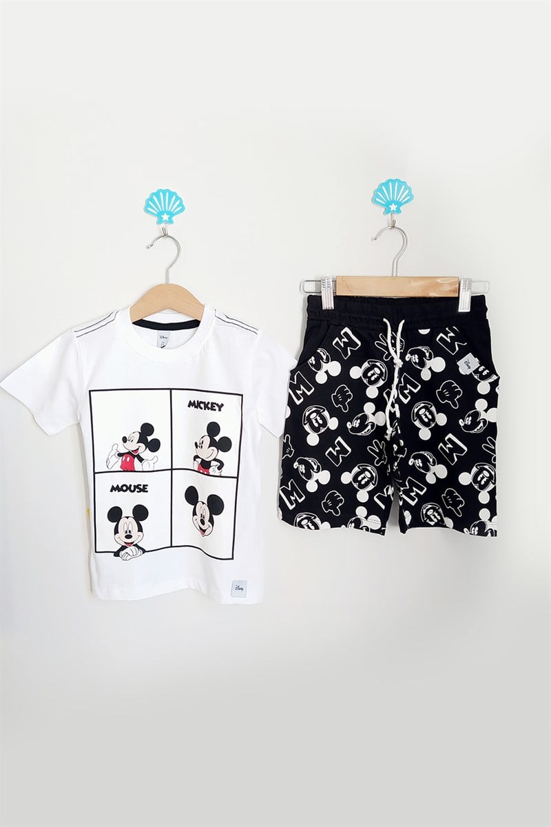 Mickey Mouse Baskılı Erkek Çocuk Şortlu Takım Siyah Beyaz