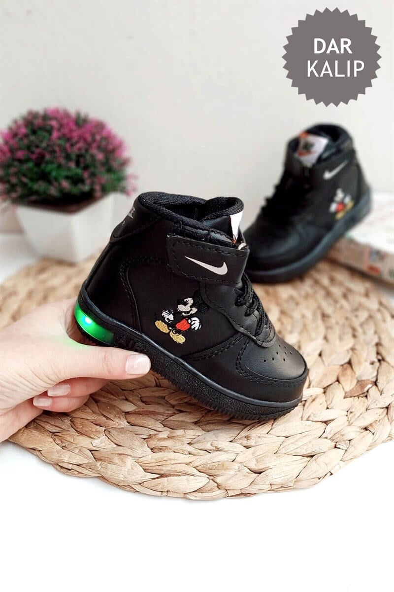 Mickey Mouse Baskılı Işıklı Yarım Bot Siyah