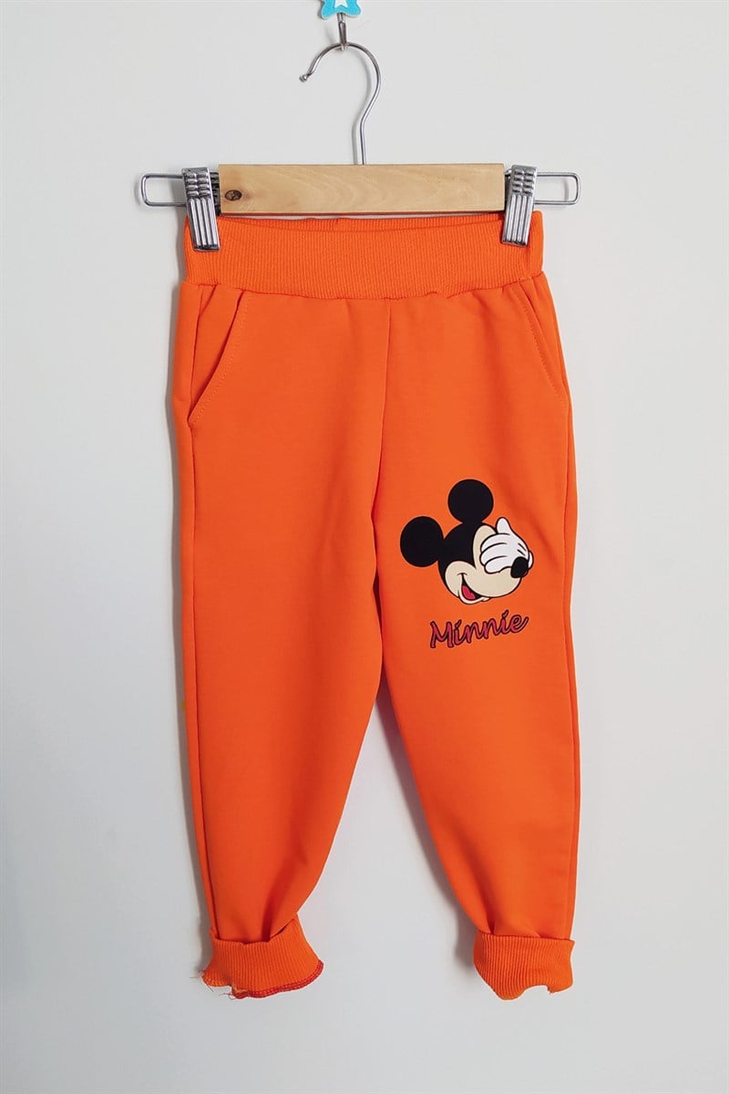 Mickey Mouse Baskılı Kapşonlu Çocuk Eşofman Takımı Turuncu