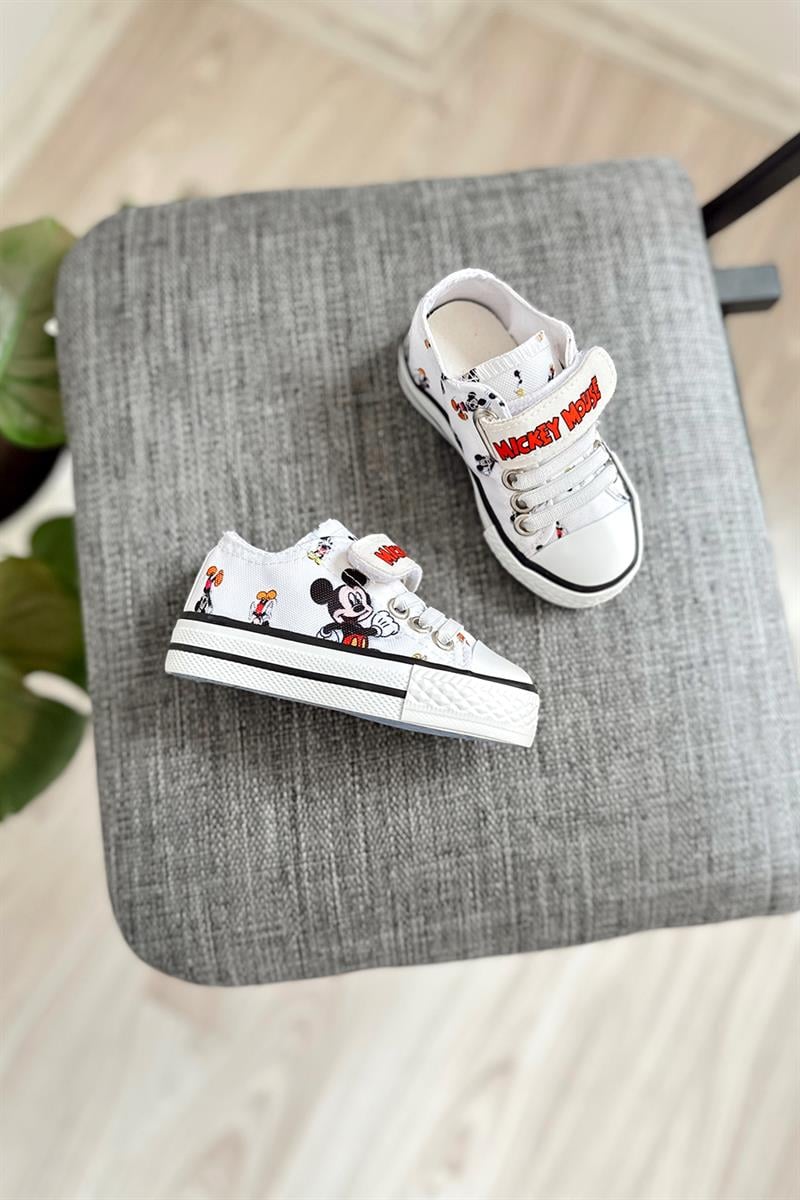 Mickey Mouse Baskılı Önü Çırtlı Çocuk Ayakkabı Beyaz