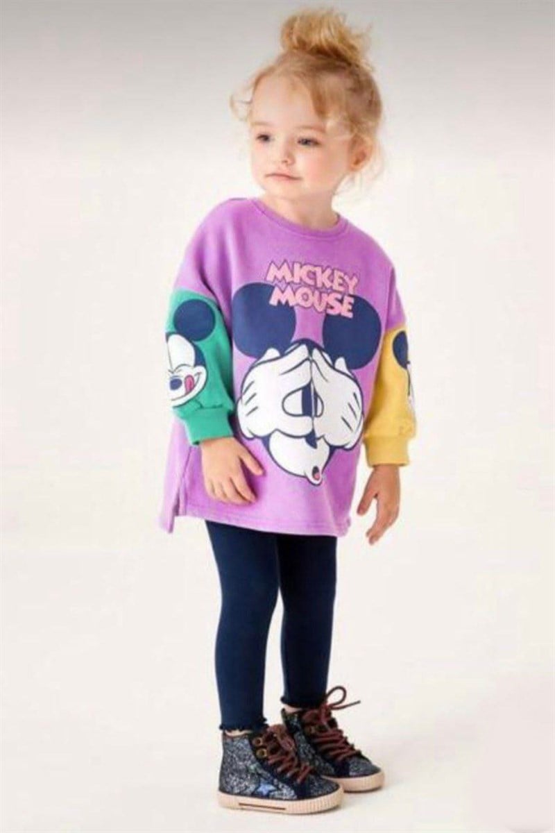 Mickey Mouse Baskılı Taytlı Kız Çocuk Takım Mor