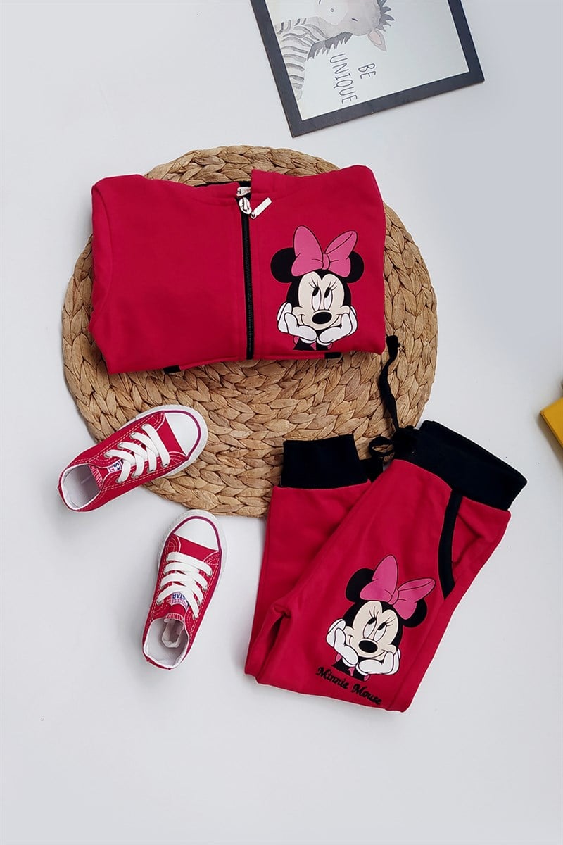 Minnie Mouse Baskılı Fermuarlı Kız Çocuk Eşofman Takımı Pembe