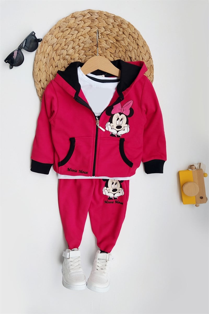 Minnie Mouse Baskılı Fermuarlı Kız Çocuk Eşofman Takımı Pembe