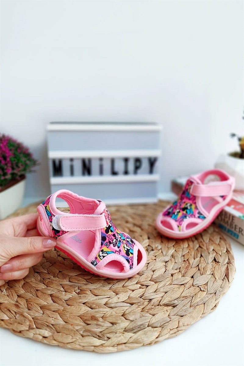 Minnie Mouse Baskılı Yapışkanlı Çocuk Sandalet Pembe Mor 