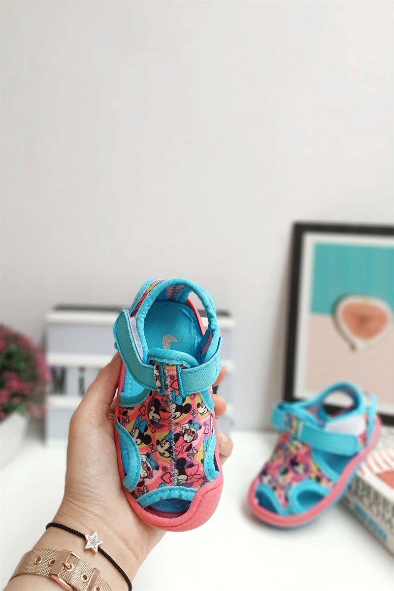 Minnie Mouse Baskılı Yapışkanlı Çocuk Sandalet Mavi Pembe