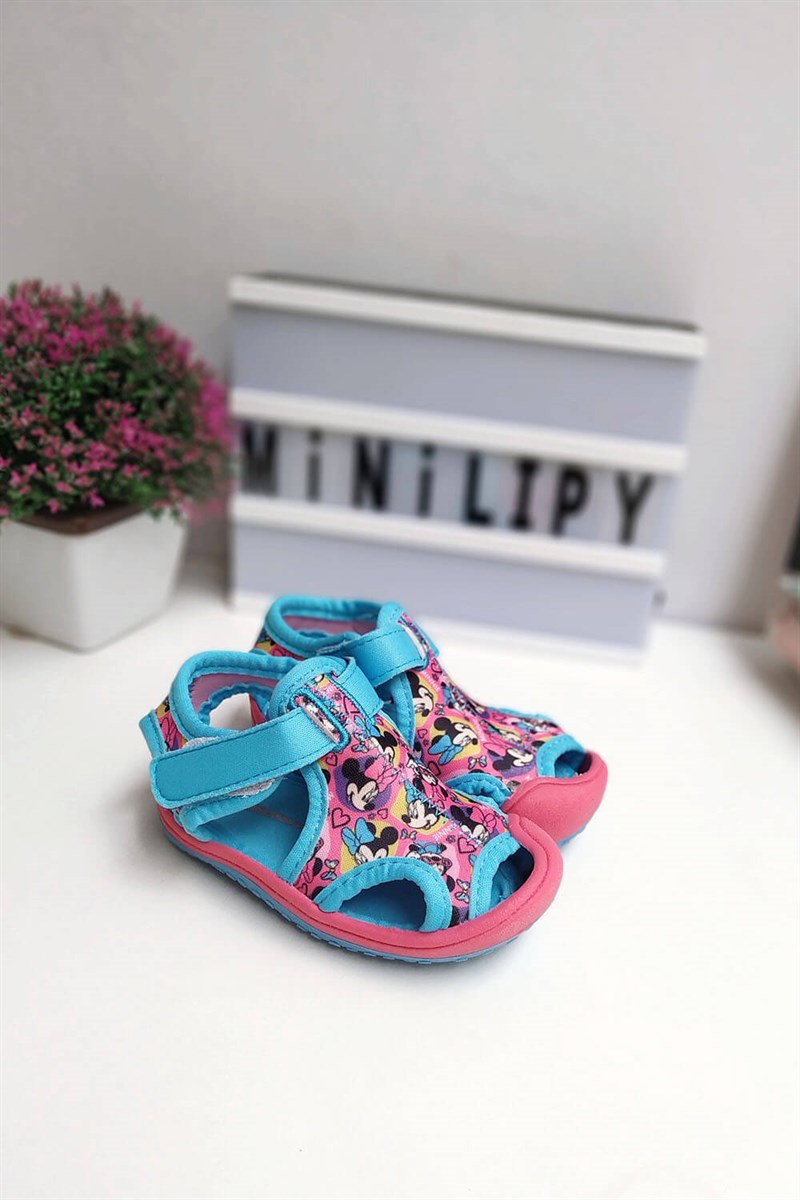 Minnie Mouse Baskılı Yapışkanlı Çocuk Sandalet Mavi Pembe