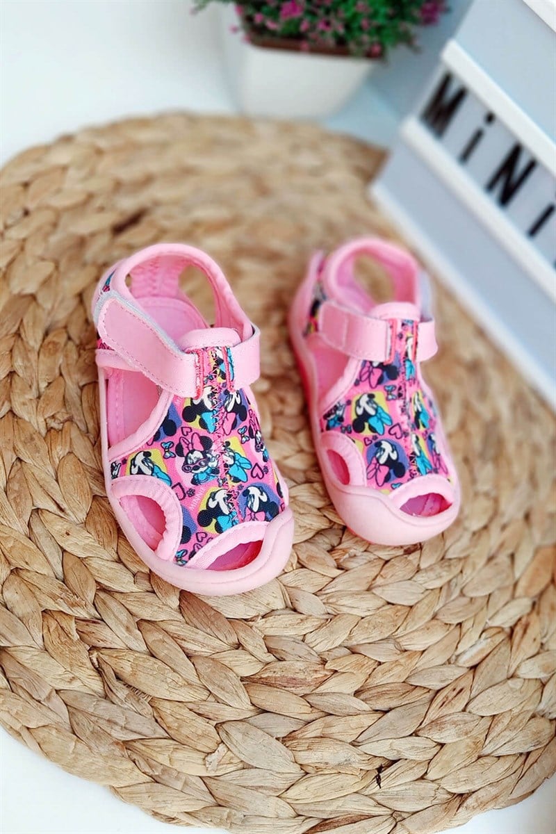 Minnie Mouse Baskılı Yapışkanlı Çocuk Sandalet Pembe Mor 