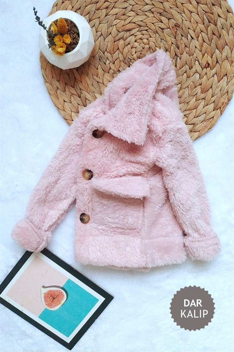 Önden Cepli Çocuk Peluş Ceket Pembe
