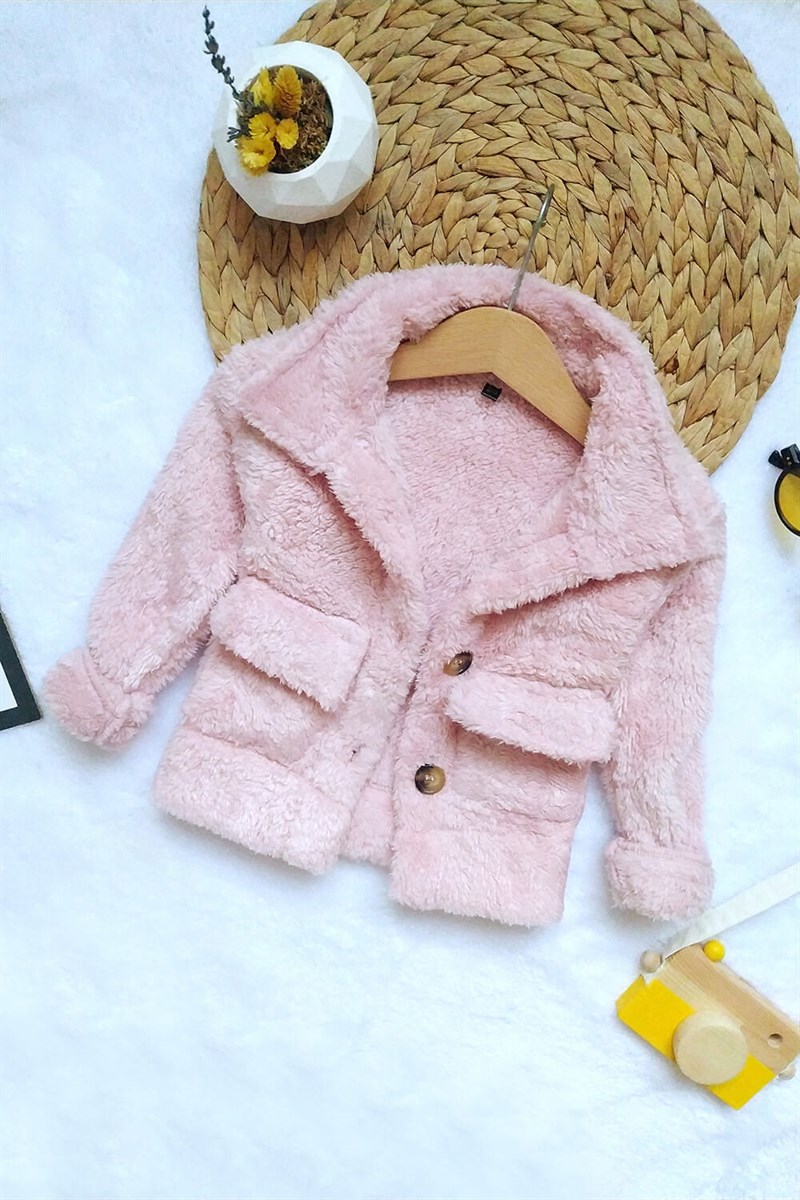 Önden Cepli Çocuk Peluş Ceket Pembe