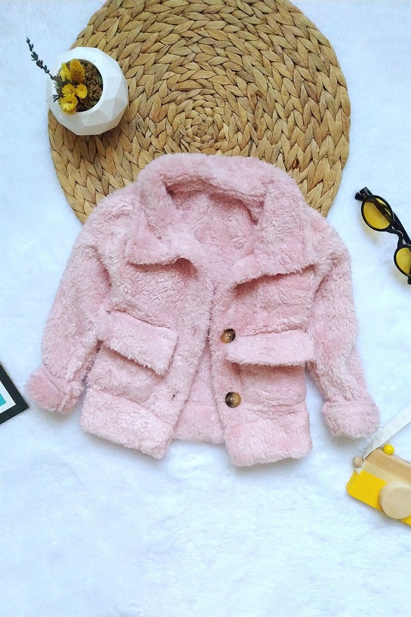 Önden Cepli Çocuk Peluş Ceket Pembe