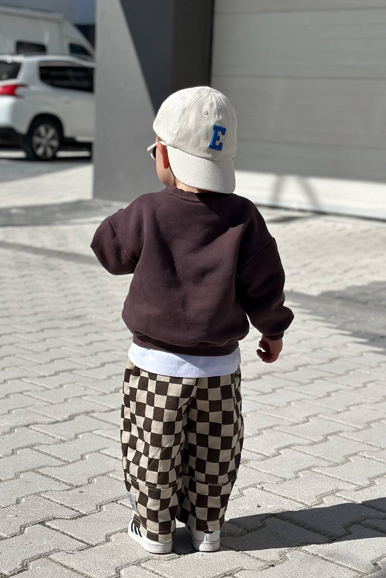 Önü Ayıcık Baskılı Dama Desenli Çocuk Takım Kahverengi