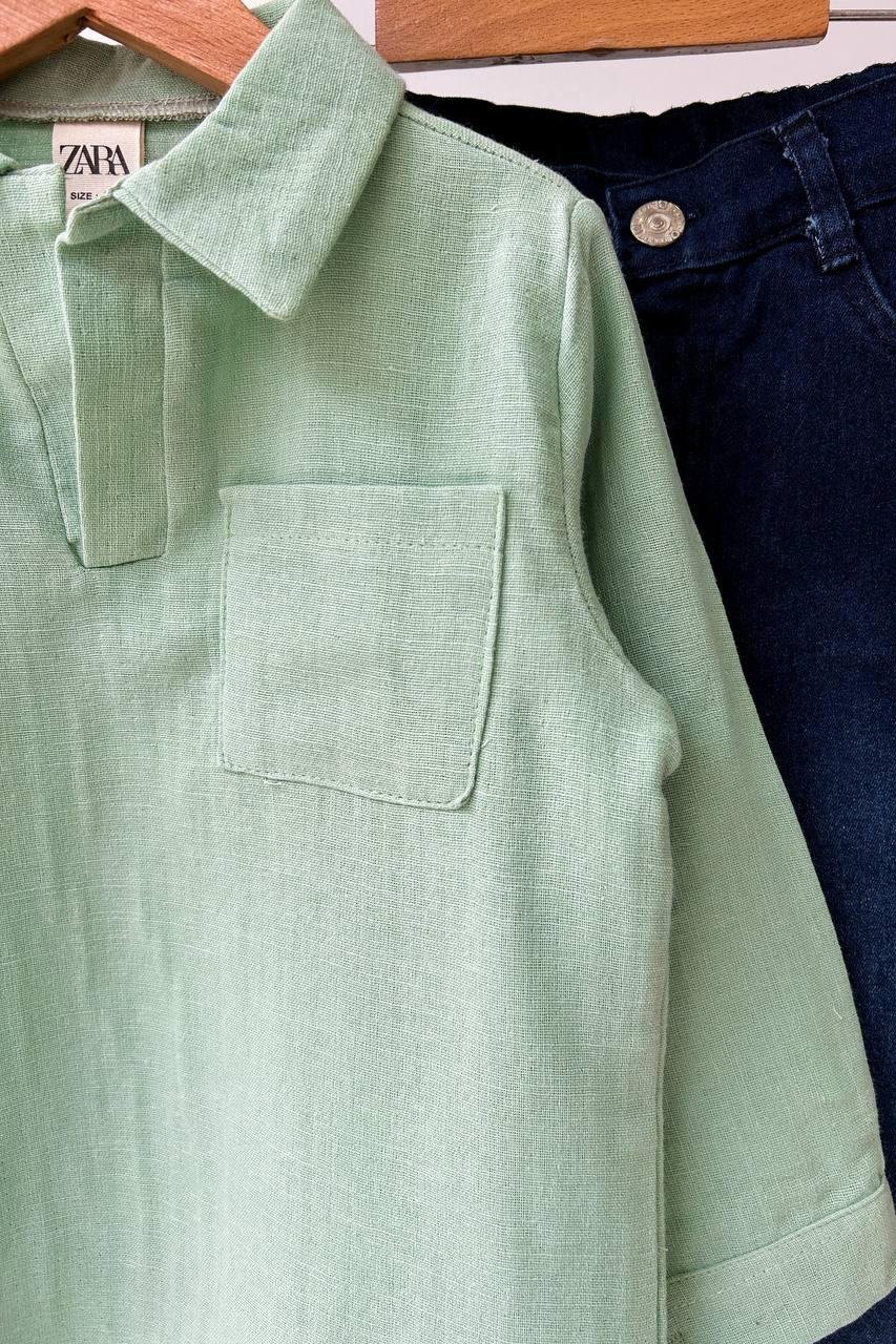 Önü Cepli Keten Gömlekli Çocuk Takım Yeşil