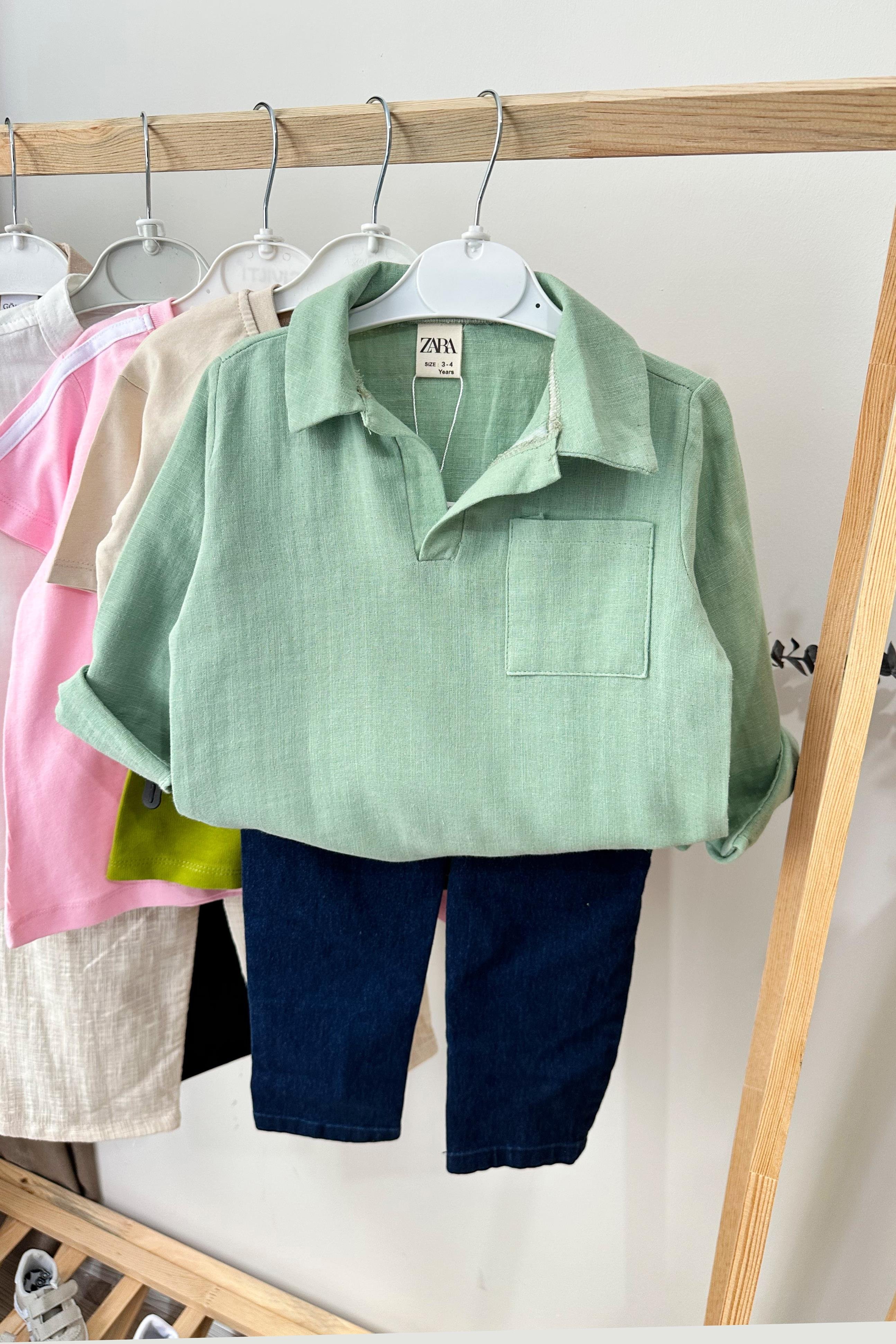 Önü Cepli Keten Gömlekli Çocuk Takım Yeşil