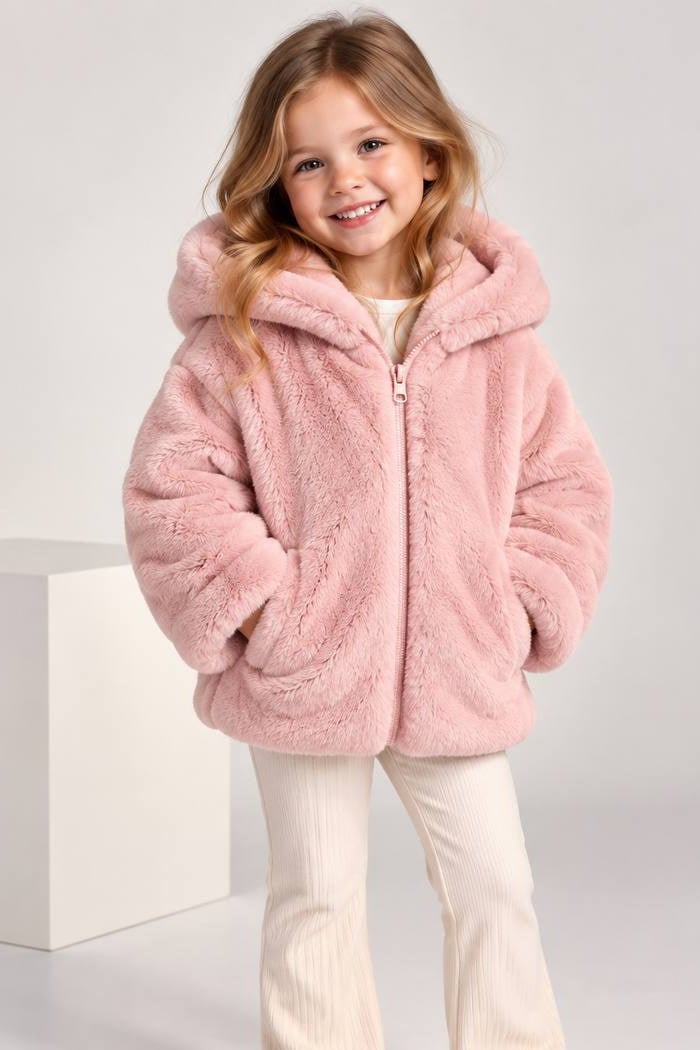 Önü Fermuarlı Kız Çocuk Peluş Mont Pembe