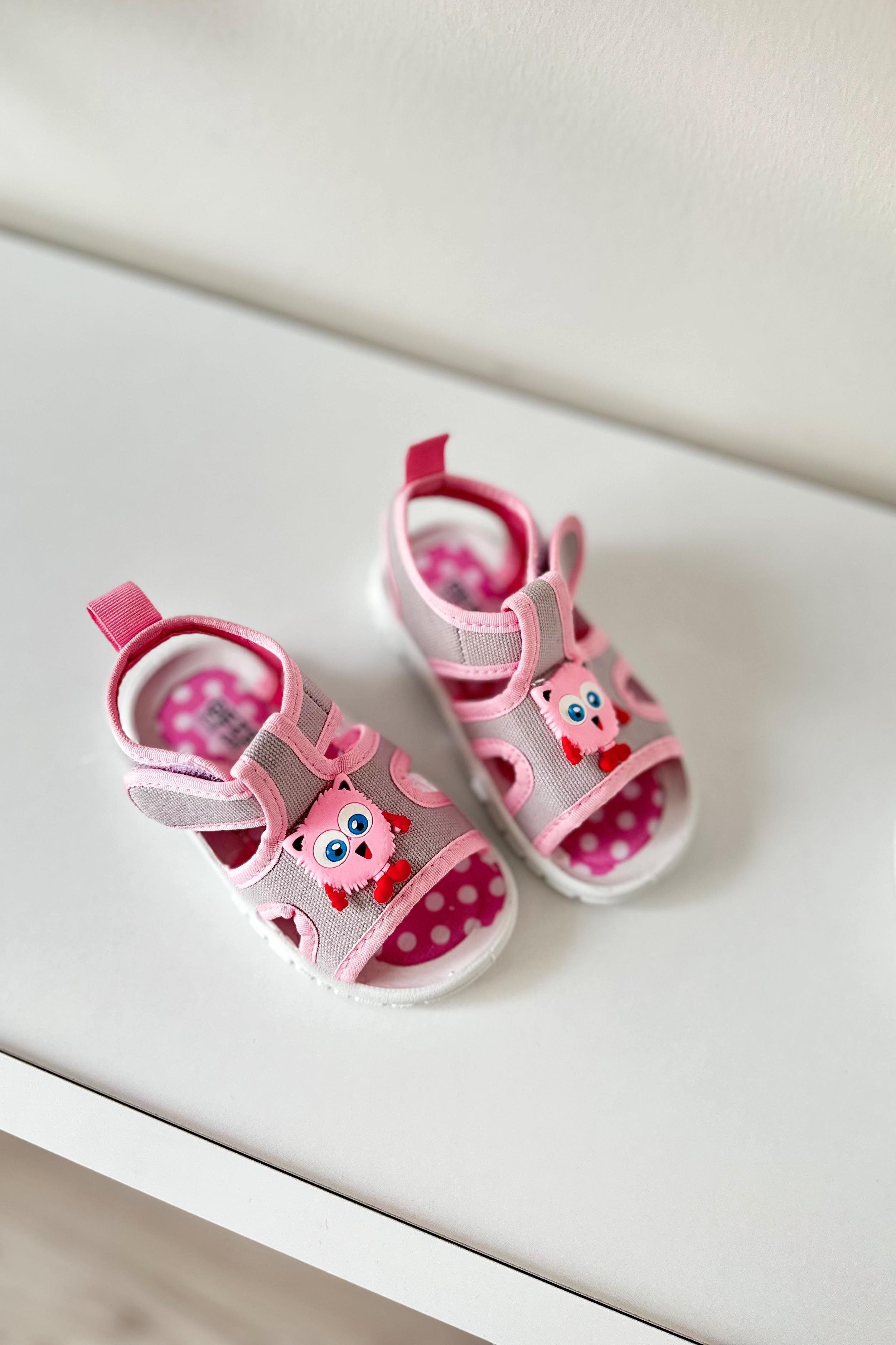 Önü Kedili Çocuk Sandalet Pembe Gri