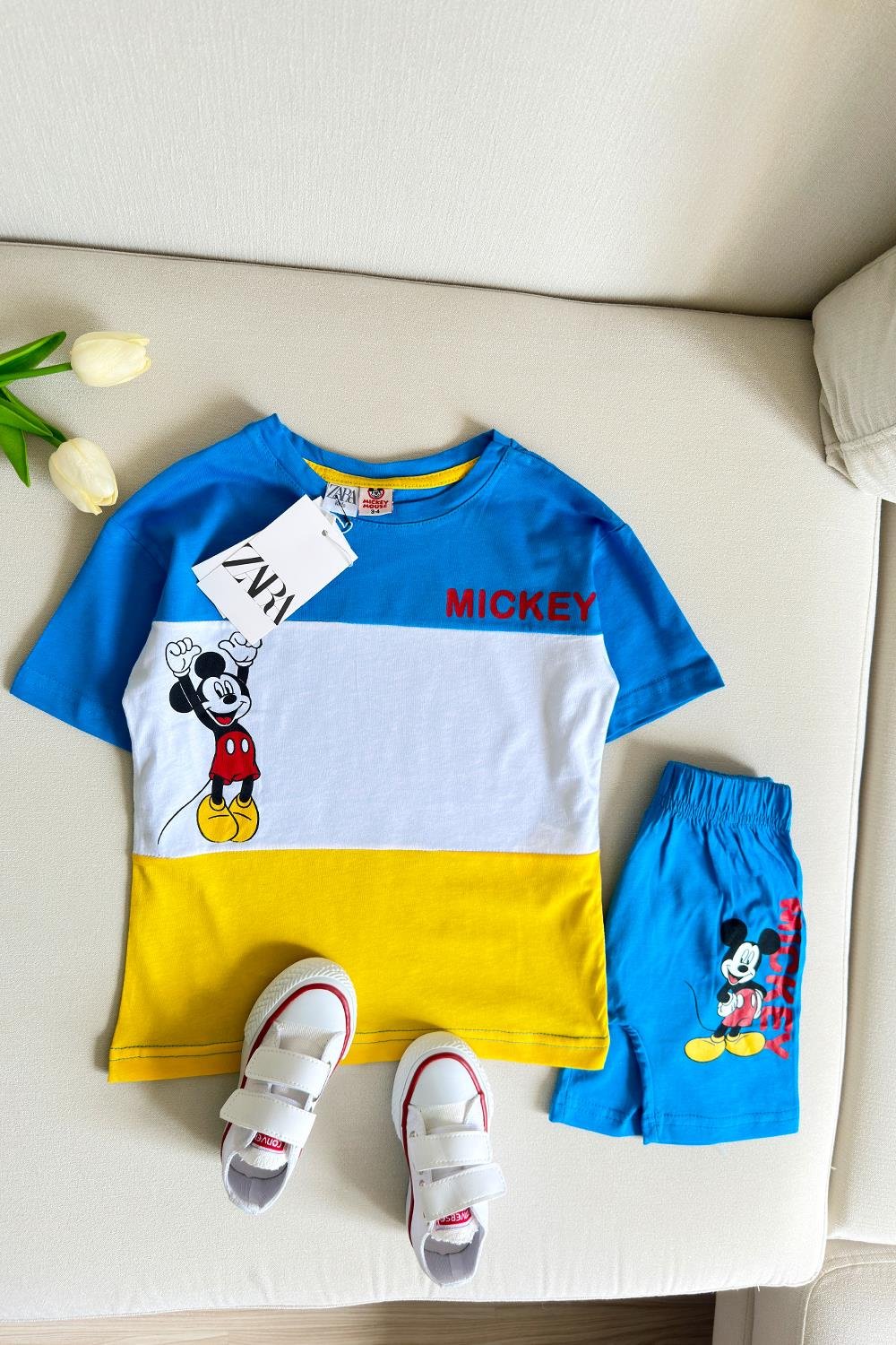 Önü Mickey Baskılı Çocuk Şortlu Takım Mavi Beyaz