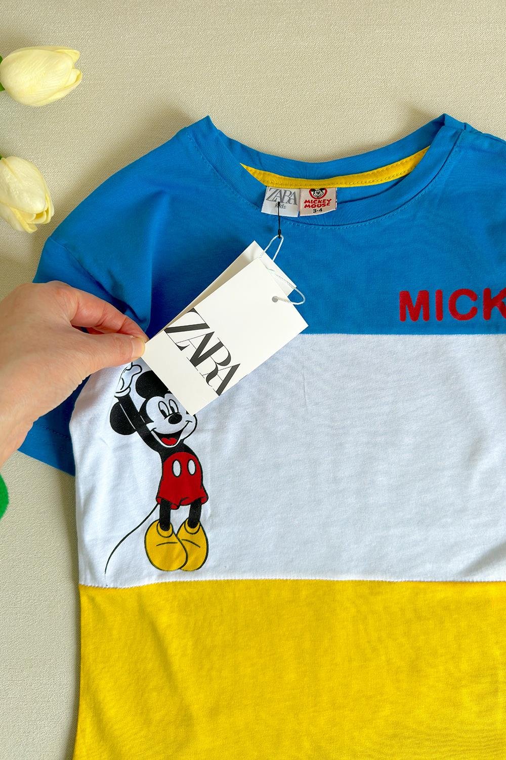 Önü Mickey Baskılı Çocuk Şortlu Takım Mavi Beyaz