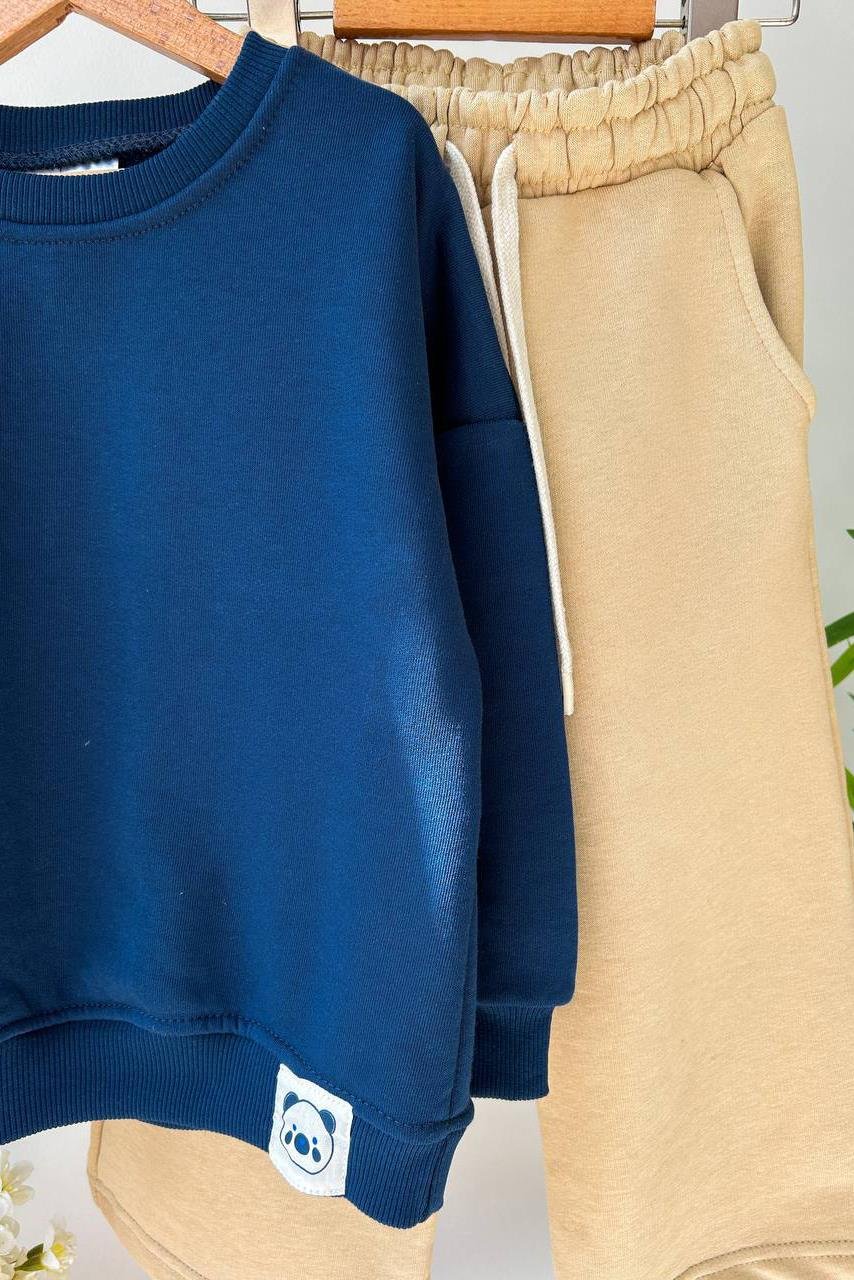 Önü Panda Baskılı Çocuk Eşofman Takımı Lacivert Bej