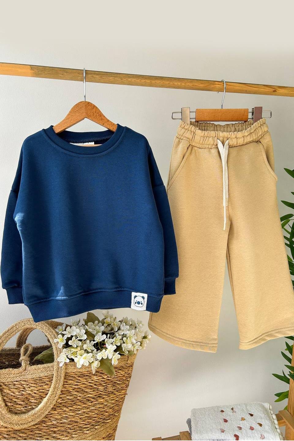 Önü Panda Baskılı Çocuk Eşofman Takımı Lacivert Bej