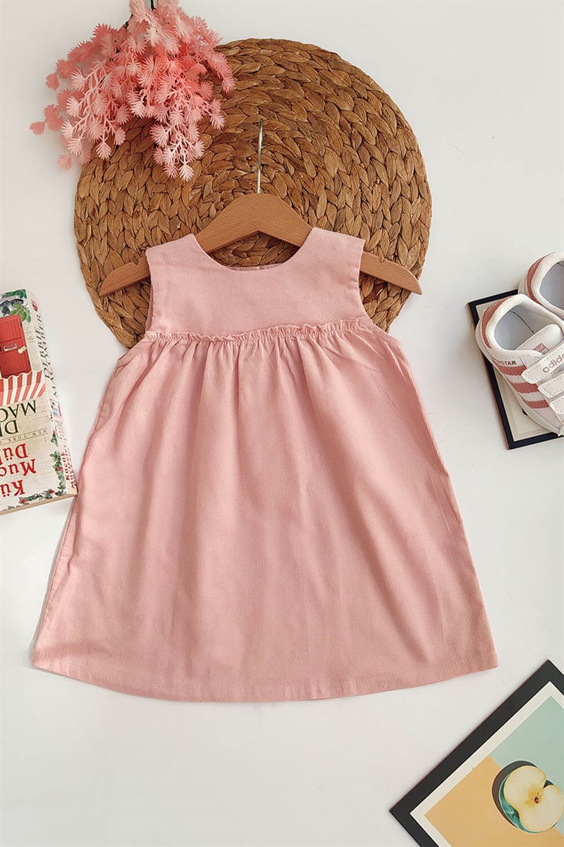 Önü Pileli Kız Çocuk Elbise Pembe
