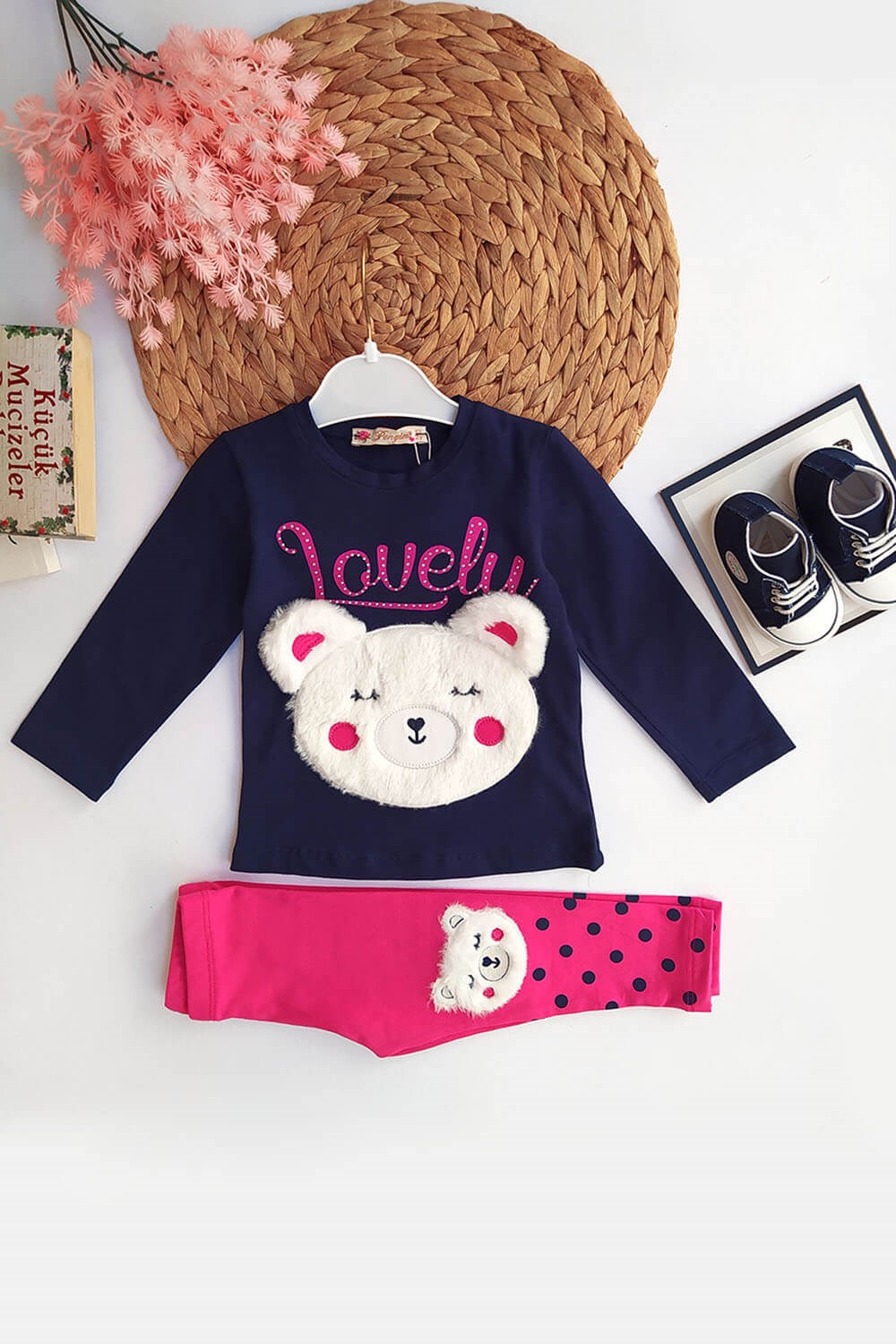 Peluş Ayıcık Baskılı Kız Çocuk Taytlı Takım Lacivert Pembe