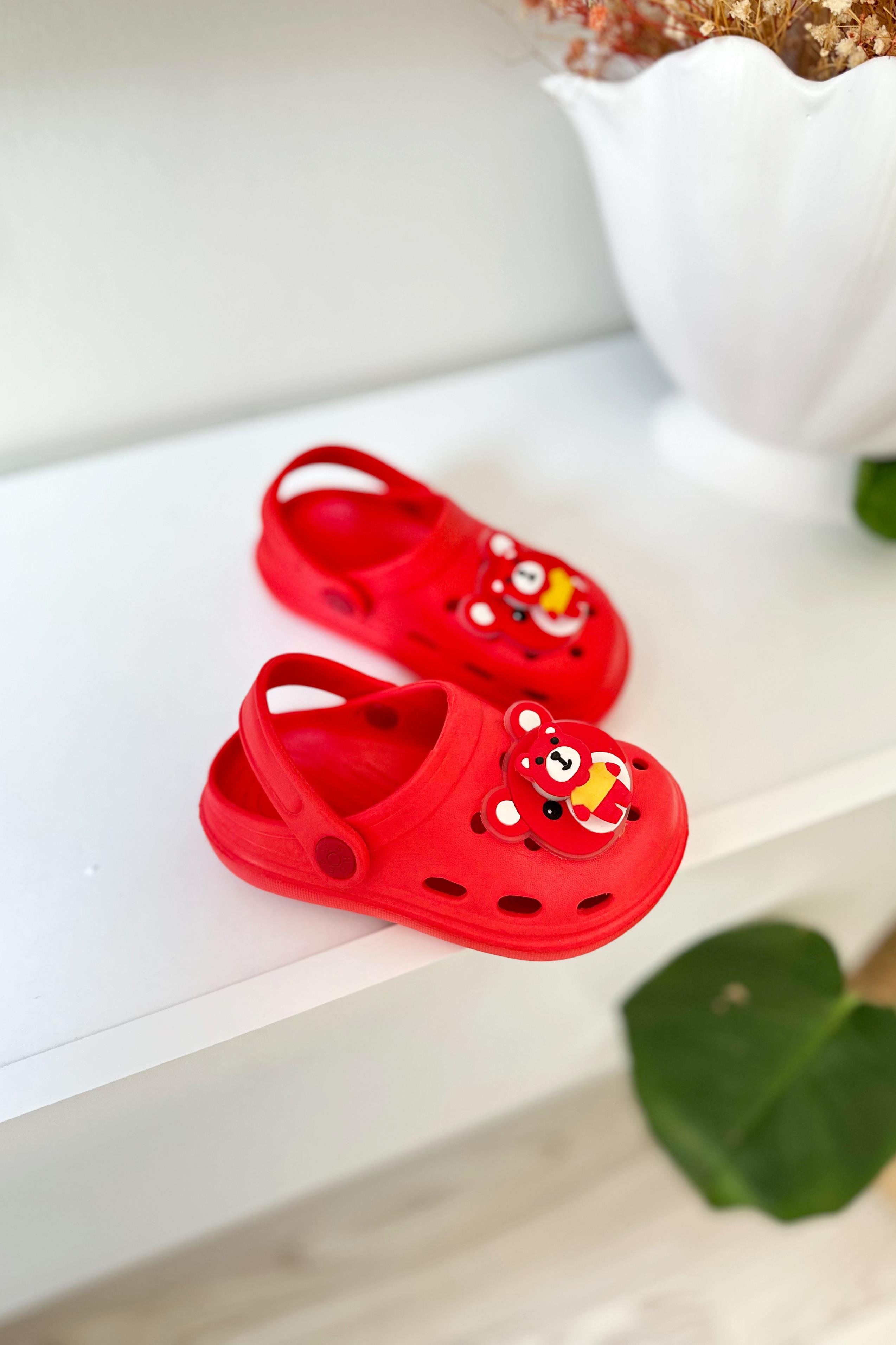 Pervaneli Ayıcıklı Çocuk Sandalet Kırmızı