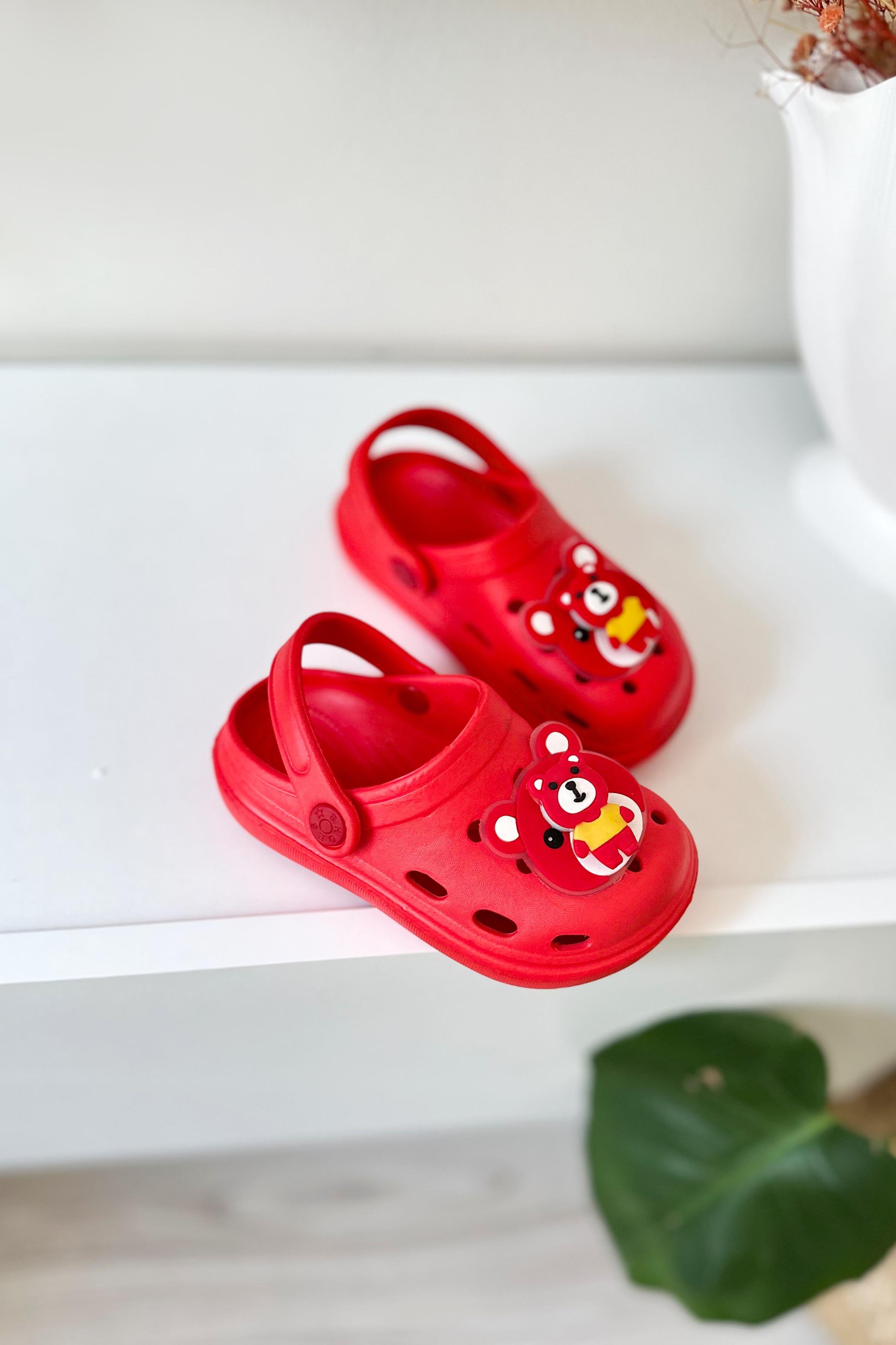 Pervaneli Ayıcıklı Çocuk Sandalet Kırmızı