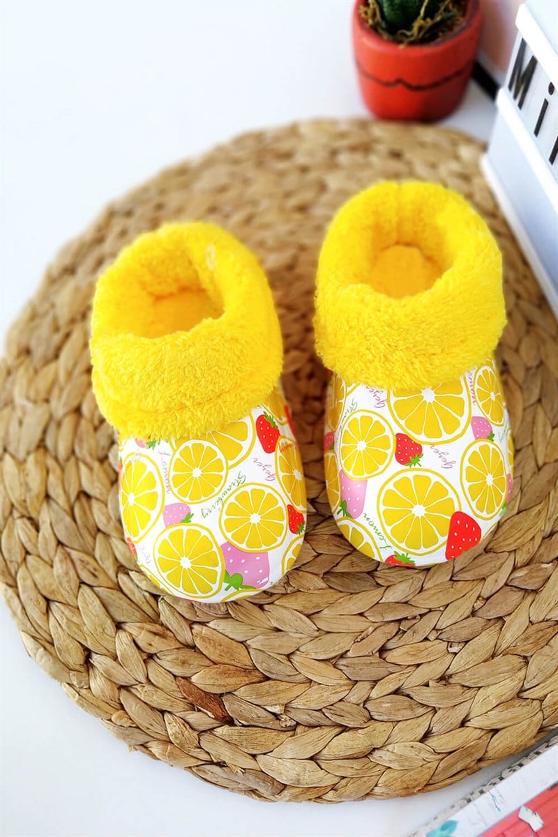 Portakal Baskılı İçi Peluş Çocuk Terlik Sarı