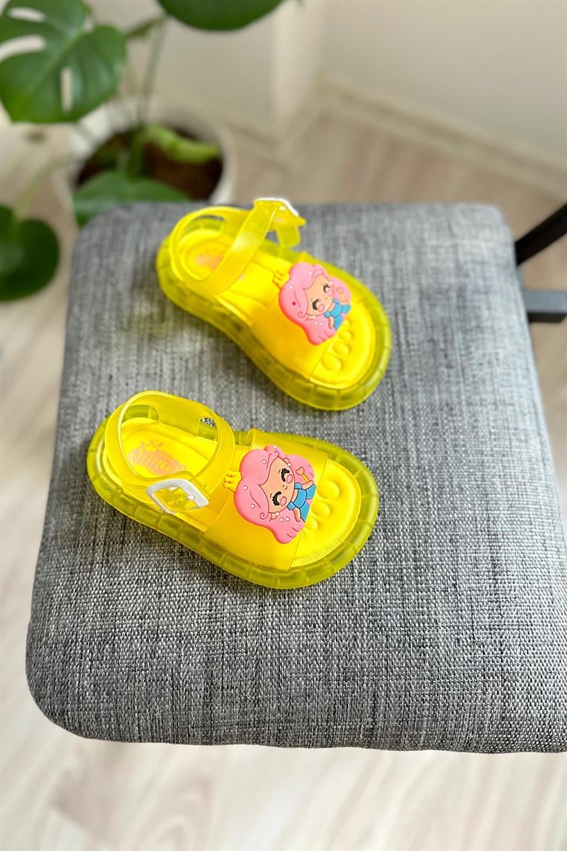 Prenses Baskılı Çocuk Işıklı Sandalet Sarı