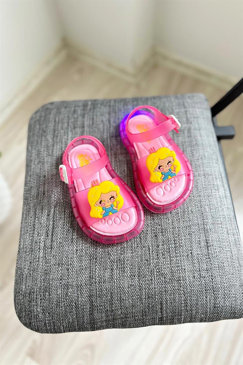 Prenses Baskılı Çocuk Işıklı Sandalet Pembe