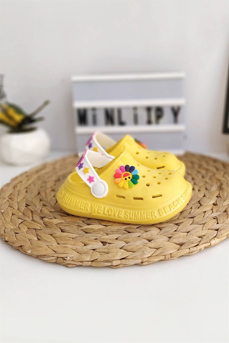 Renkli Çiçek Baskılı Çocuk Crocs Sandalet Sarı