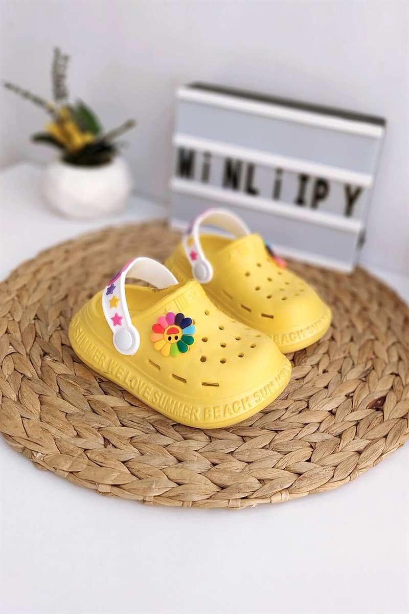 Renkli Çiçek Baskılı Çocuk Crocs Sandalet Sarı