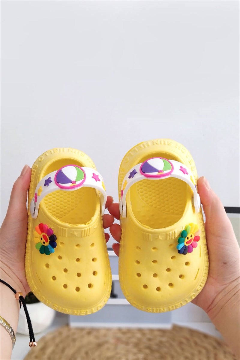 Renkli Çiçek Baskılı Çocuk Crocs Sandalet Sarı