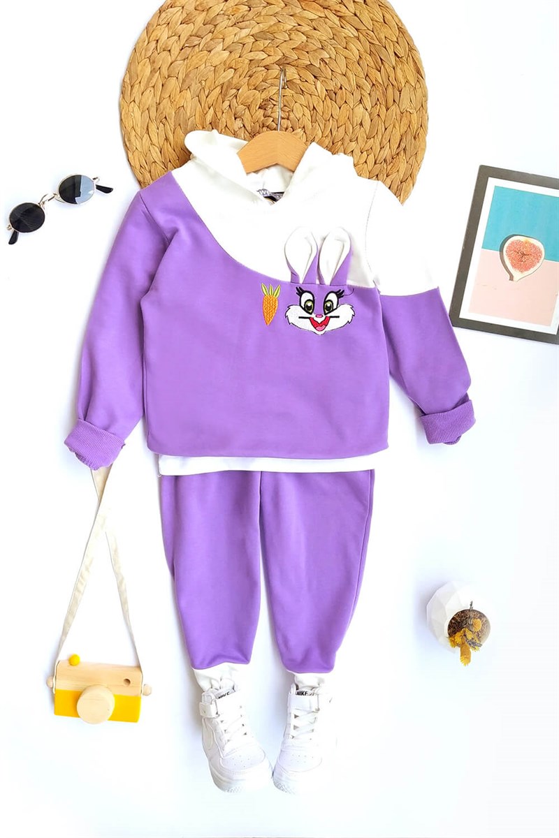 Tavşan Desenli Kapşonlu Çocuk Sweat Takım Mor Beyaz