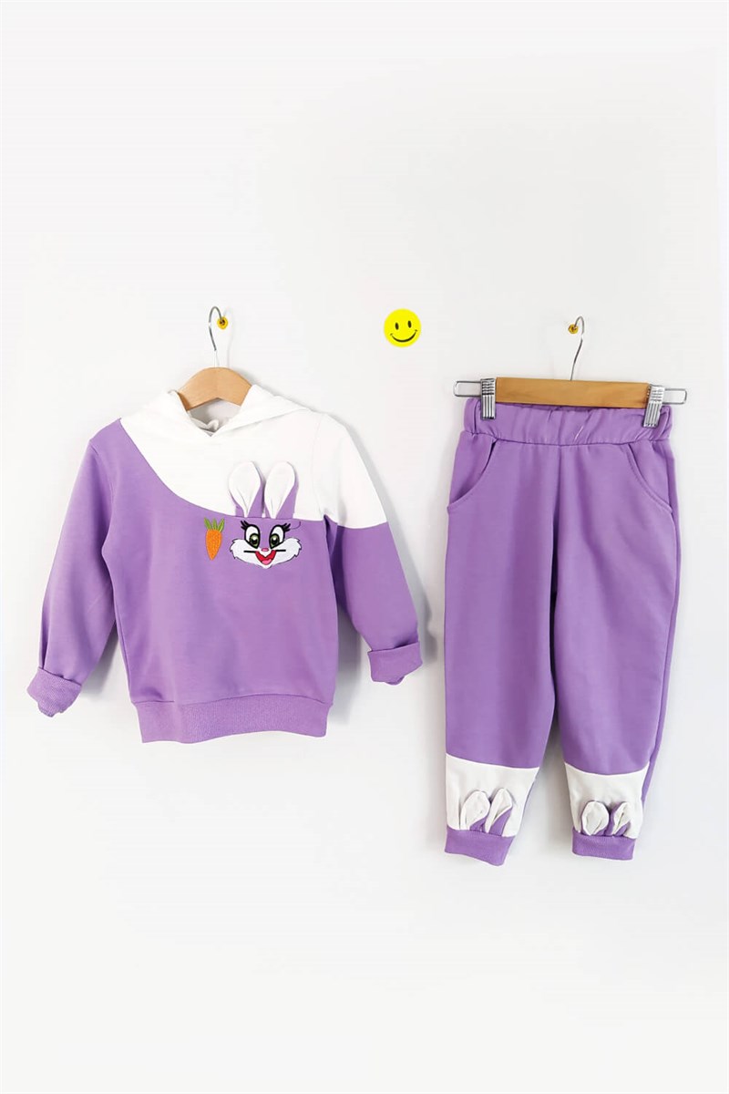 Tavşan Desenli Kapşonlu Çocuk Sweat Takım Mor Beyaz