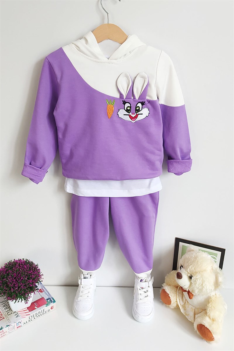 Tavşan Desenli Kapşonlu Çocuk Sweat Takım Mor Beyaz