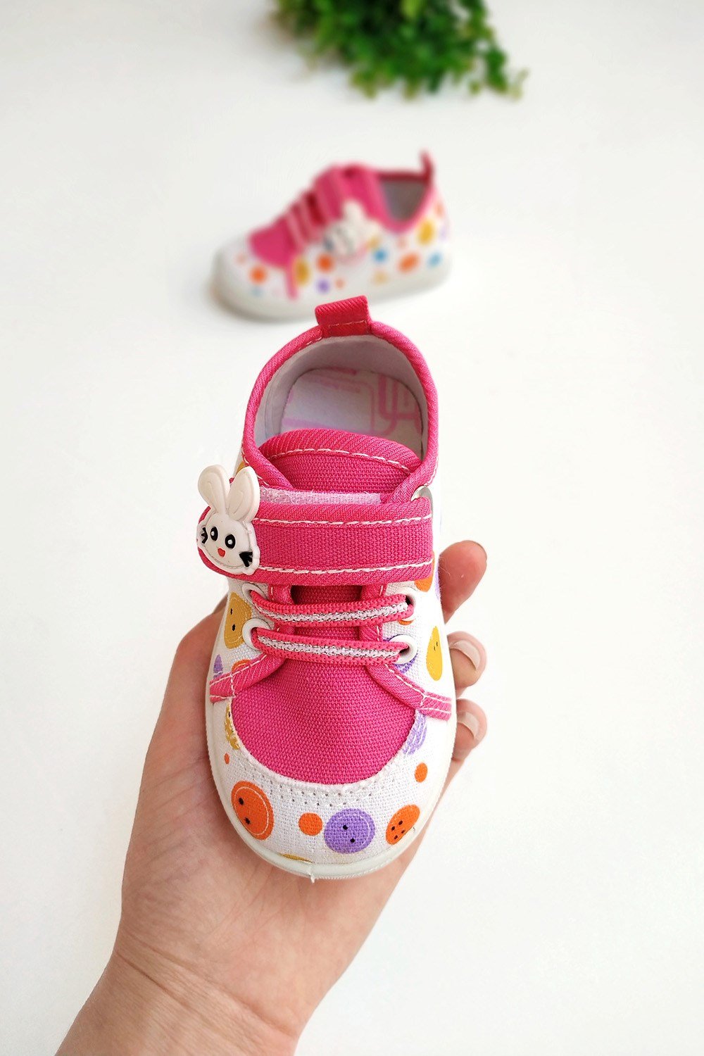 Tavşan ve Renkli Nokta Baskılı Çocuk Spor Ayakkabı Pembe Beyaz
