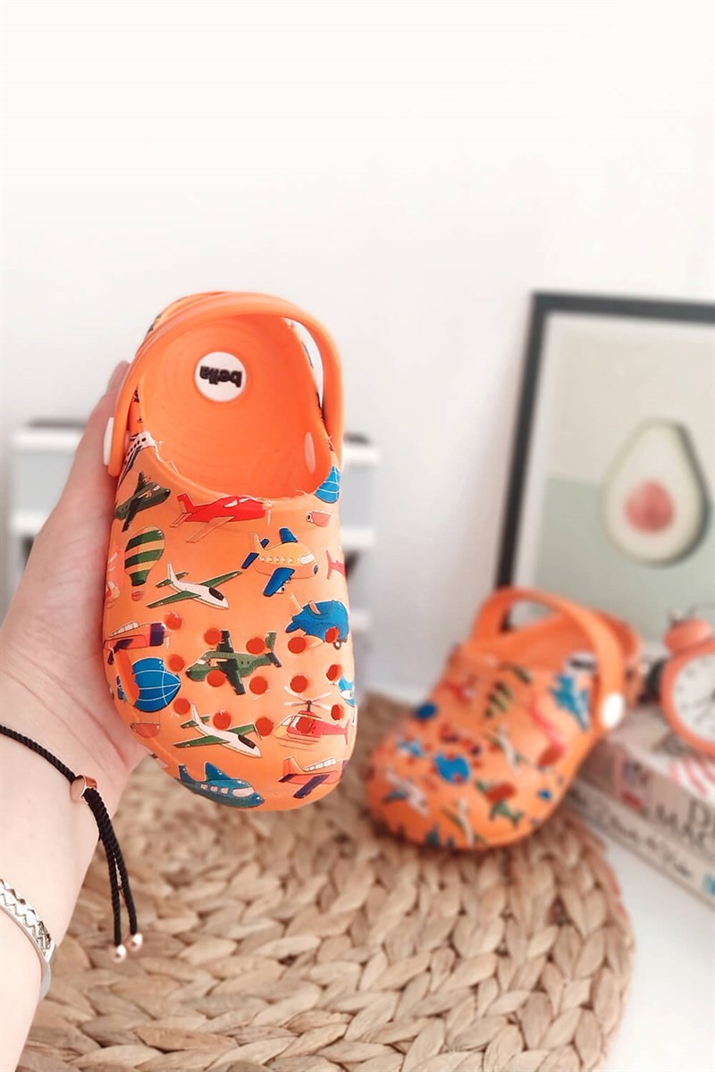Uçak Baskılı Çocuk Crocs Sandalet Turuncu