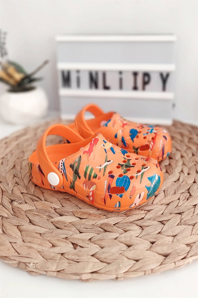 Uçak Baskılı Çocuk Crocs Sandalet Turuncu